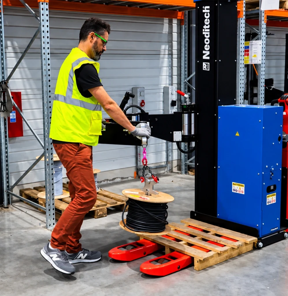 Préparateur de commandes mobile Neoditech réalisant une prise d'un touret à l'aide d'une pince à expansion