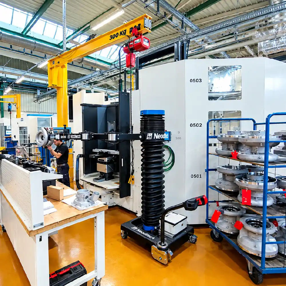 Handhabungstechnik Landmaschinenbau: Neoditech SCARA PARTS Manipulatorarm bei der Handhabung eines Gehäuses