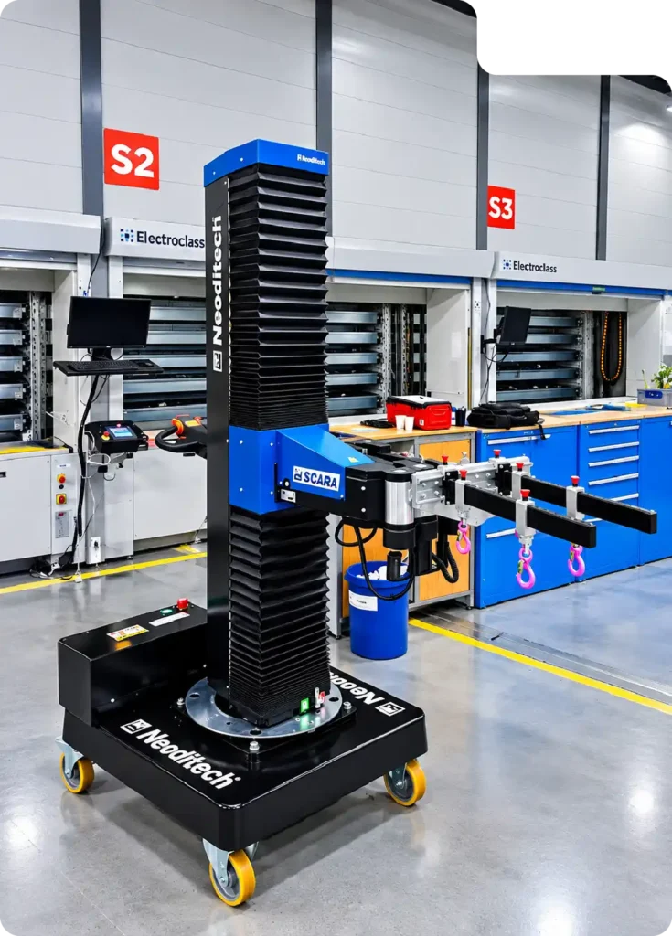 Handhabungstechnik Schienenfahrzeugbau: Neoditech SCARA TITAN Manipulatorarm bei der Entnahme von Bauteilen aus einem automatisierten Lagersystem
