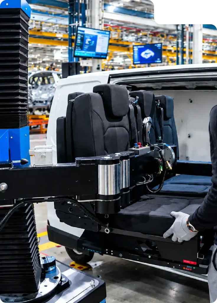 Einsetzen einer Rückbank in einen Van mit dem Neoditech SCARA TITAN Manipulatorarm - Manipulator Automobilindustrie