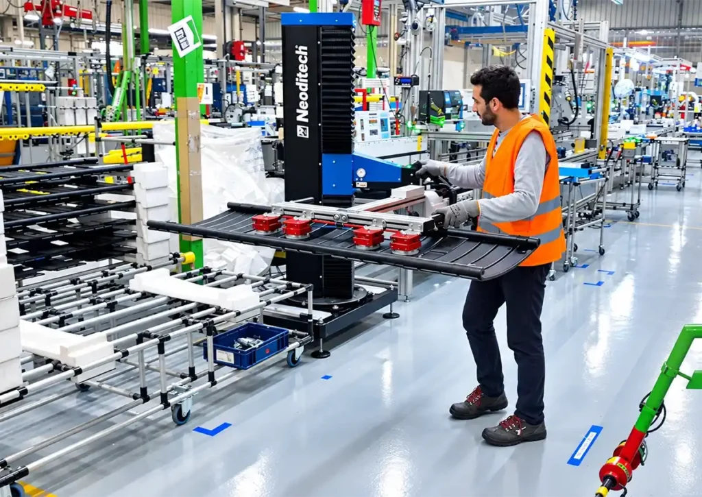 Handhabung eines 35 kg schweren Handtuchtrockners mit dem Neoditech SCARA TITAN Manipulatorarm, ausgestattet mit einem Pneumo-Magnet-Greifer, Handhabungsgeräte Industrie