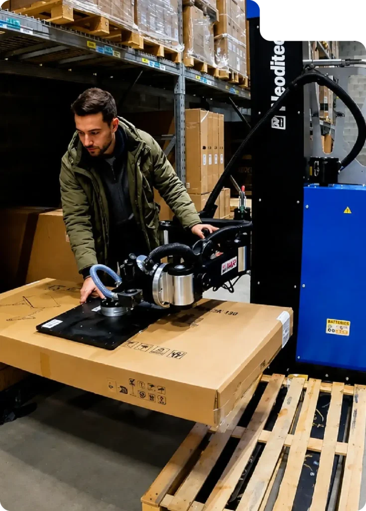 Handhabung von Fernseherkartons mit einem Vakuumkasten am Neoditech mobilen Kommissionierer für ergonomische Handhabung in Logistik und Lager