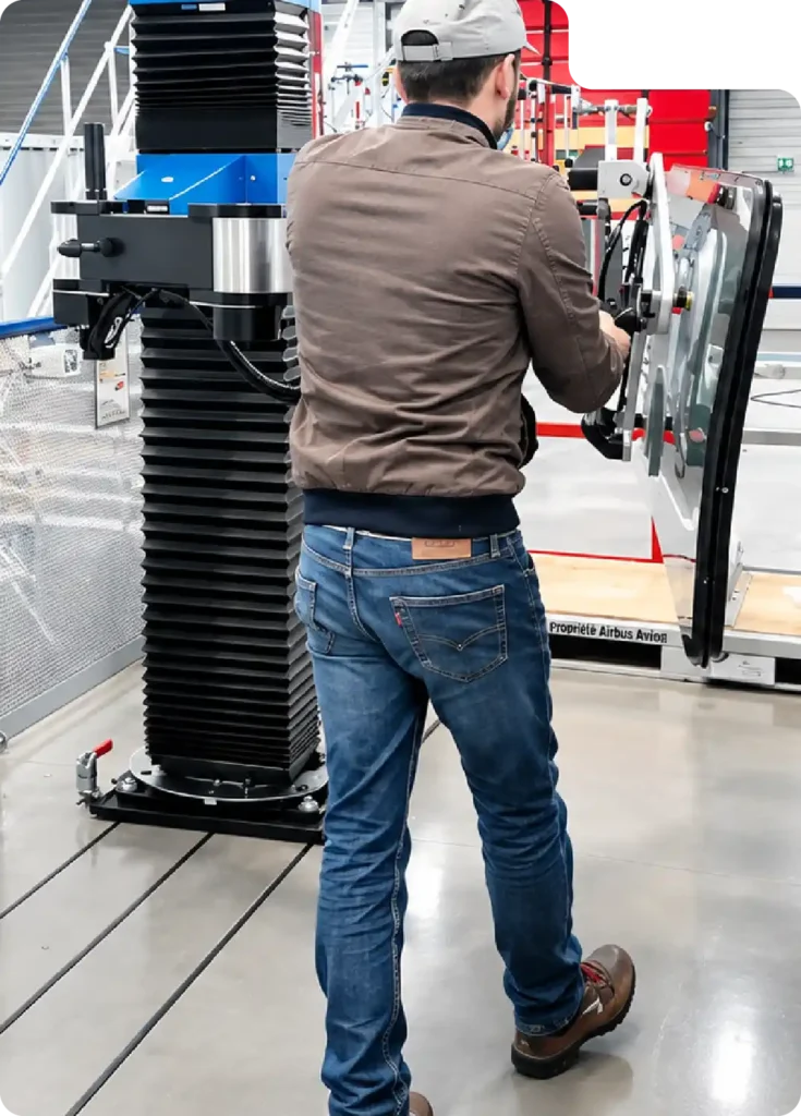 Handhabungstechnik Schienenfahrzeugbau: Einsetzen eines Fensters an einem Zugwaggon mit dem Neoditech SCARA TITAN Manipulatorarm