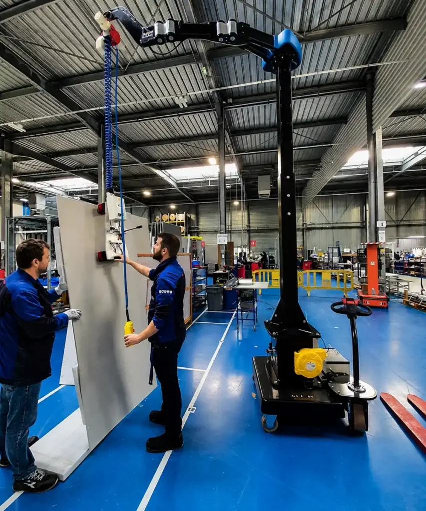 Handhabung einer Schaltschranktür mit dem Neoditech mobilen Ausleger - ergonomische Handhabung Elektroindustrie