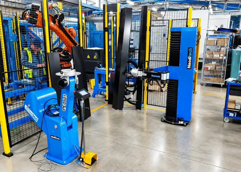 Arbeitsplatz in der Automobilindustrie ausgestattet mit dem ergonomischen Positionierer ERGO360° und dem Neoditech SCARA TITAN Manipulatorarm - Manipulator Automobilindustrie