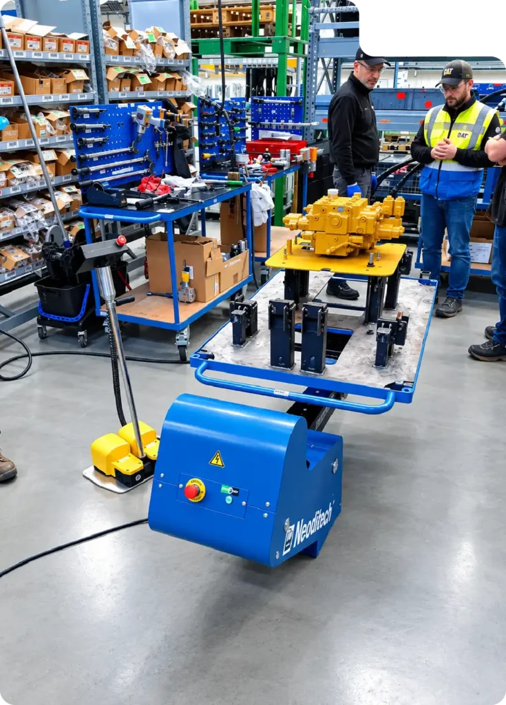 Handhabungstechnik Landmaschinenbau: Neoditech ERGO360 Positionierer beim Halten eines Hydraulikventilblocks