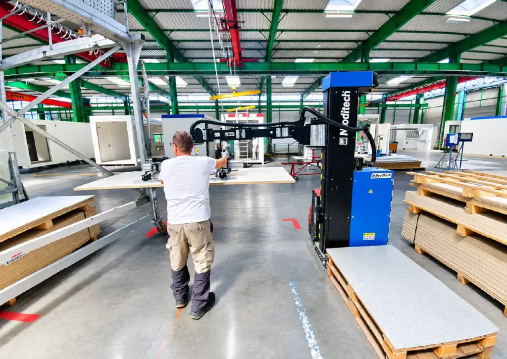 Handhabungstechnik Bauwirtschaft: Neoditech Kommissionier-Manipulator bei der Handhabung einer 78 kg schweren Deckenplatte mit einem Saugnapfgreifer